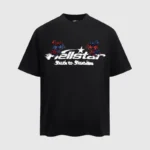 Black "Hellstar Path To Paradise" T-shirt with "Hellstar" and "Path to Paradise" printed in white on the front, adorned with vibrant red and blue dragon graphics soaring above.