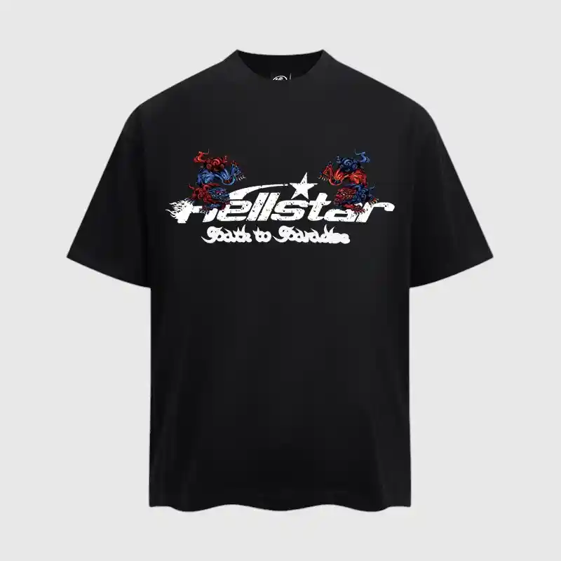 Black "Hellstar Path To Paradise" T-shirt with "Hellstar" and "Path to Paradise" printed in white on the front, adorned with vibrant red and blue dragon graphics soaring above. Black "Hellstar Path To Paradise" T-shirt with "Hellstar" and "Path to Paradise" printed in white on the front, adorned with vibrant red and blue dragon graphics soaring above.