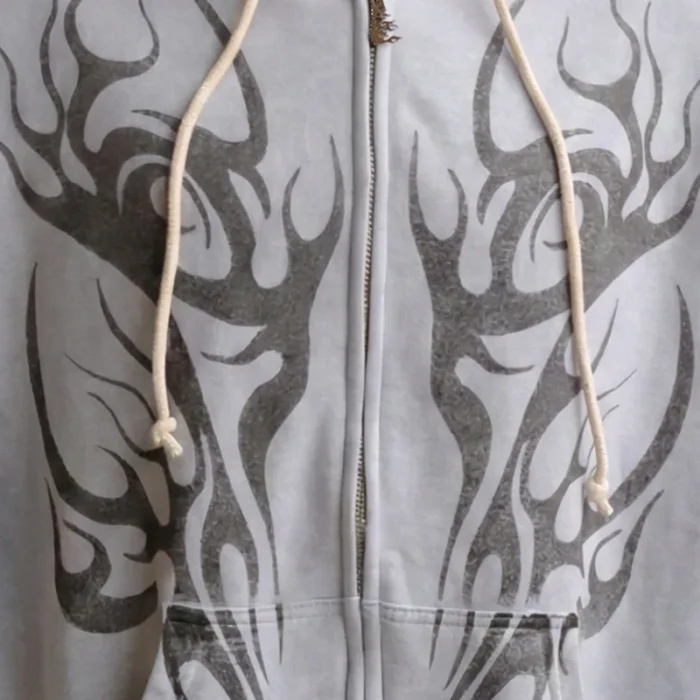 Hellstar Tribal Flame Zip-Up Hoodie Grey Closeup