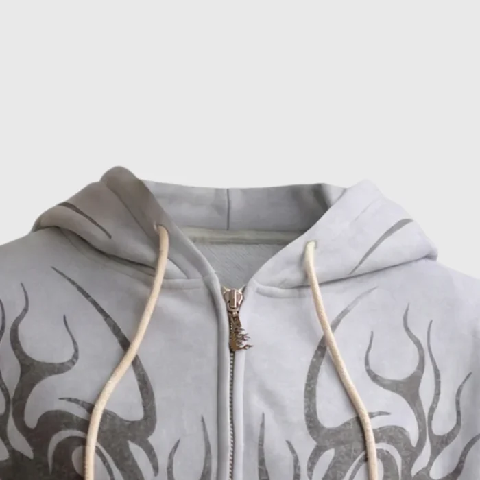 Hellstar Tribal Flame Zip-Up Hoodie Closeup Grey