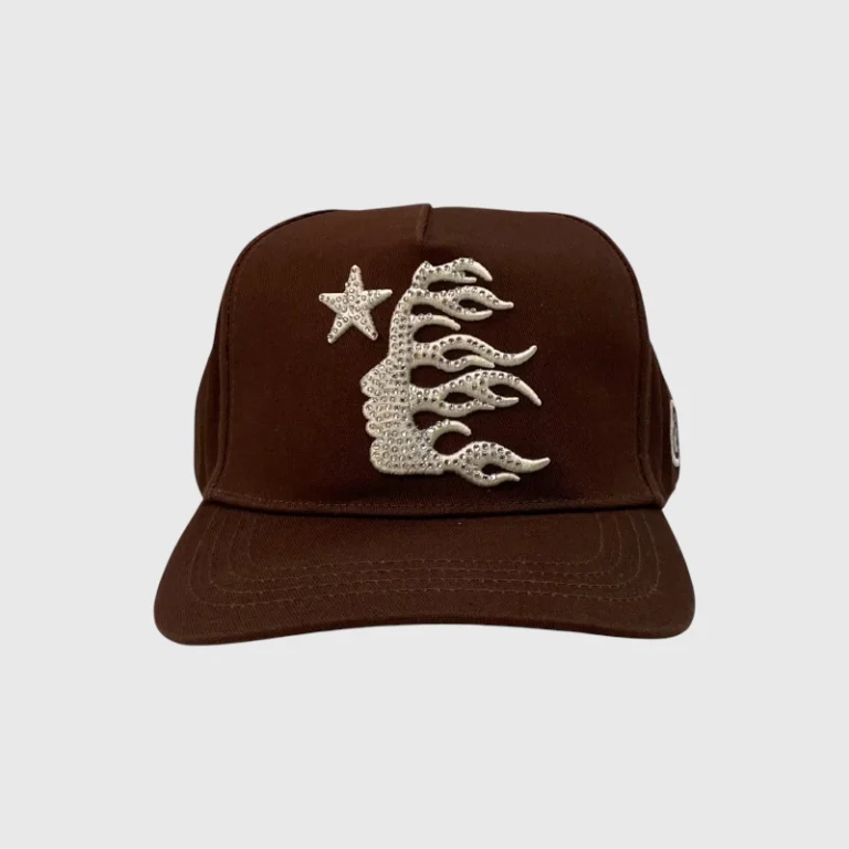Brown Hellstar OG logo snapback hat featuring a detailed and sparkling rhinestone embellishment on the front crown.