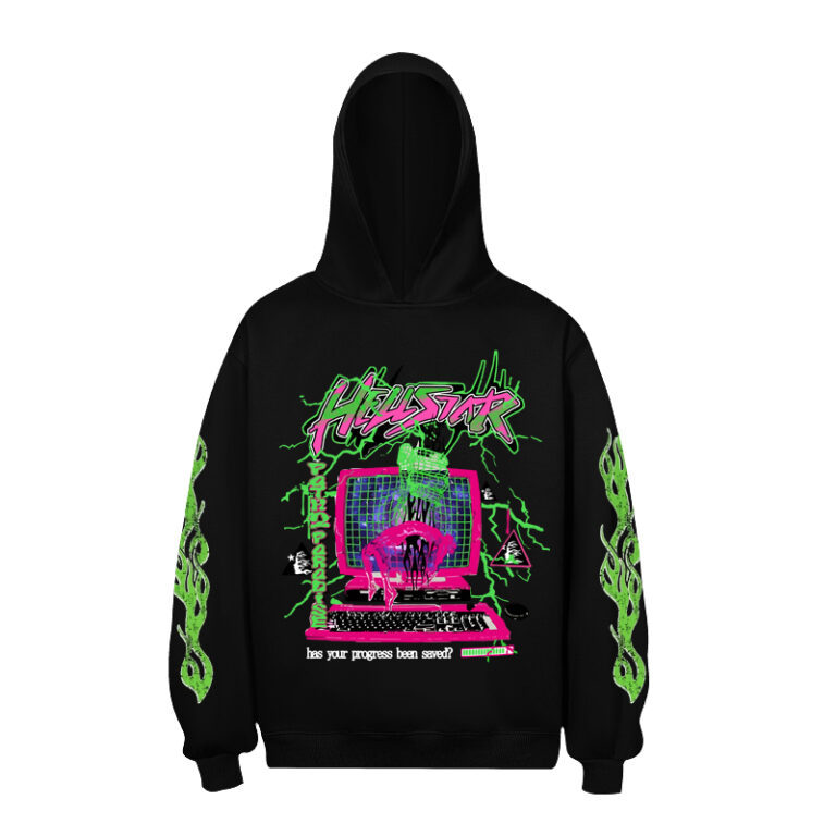 Black Hellstar hoodie featuring an H-King graphic print with neon green and pink computer-themed glitch art design