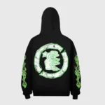 The back view of the black H-king of Hellstar Tracksuit hoodie with green logo print and sleeve graphics.