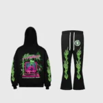 H-King of Hellstar tracksuit in black featuring vibrant green flame graphics and a pink computer screen design.