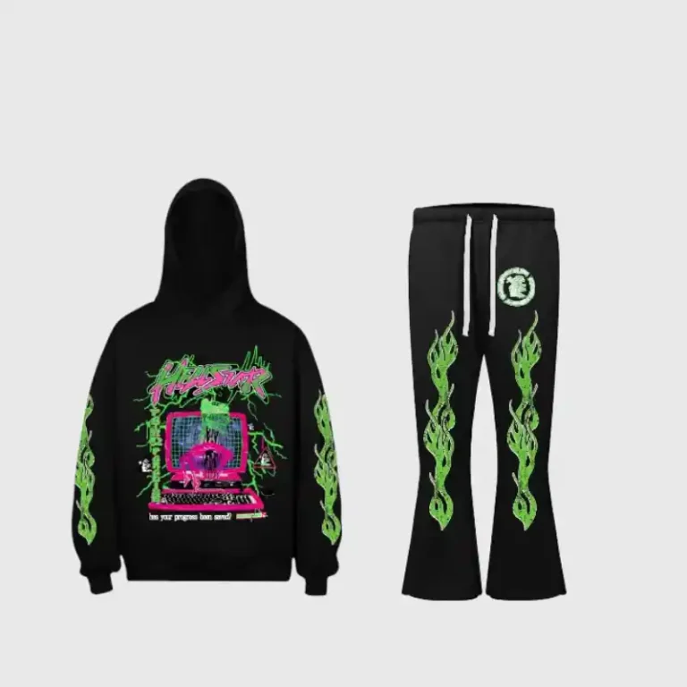 H-King of Hellstar tracksuit in black featuring vibrant green flame graphics and a pink computer screen design.