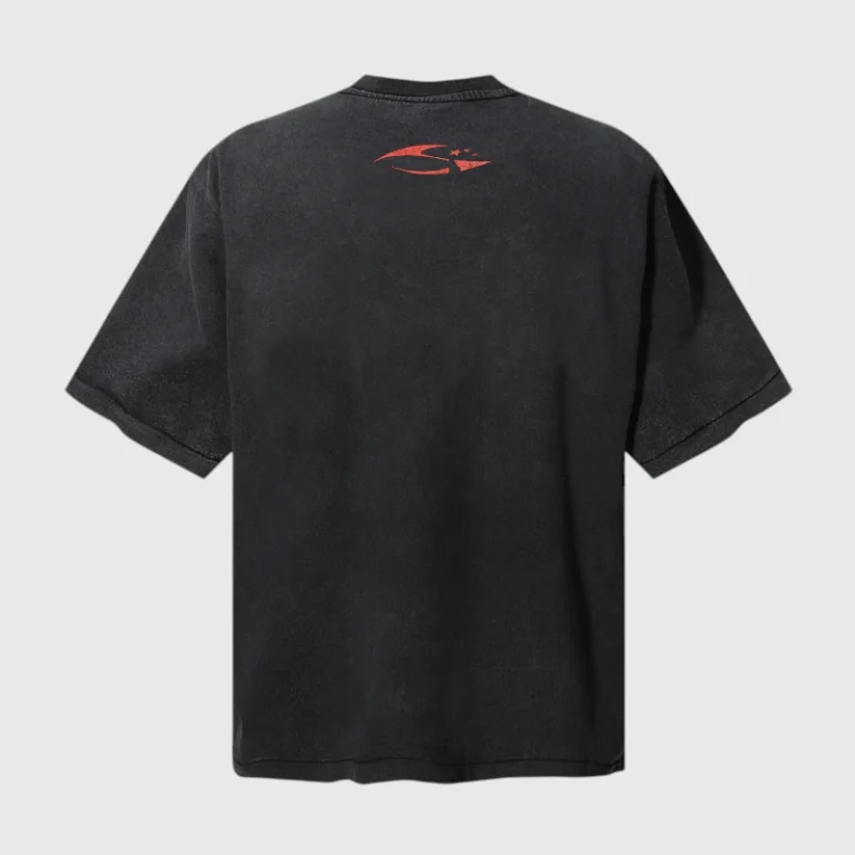 Back view of the black Hellstar 2 Lambs Holy State t-shirt featuring a small red logo detail on the upper back neck.