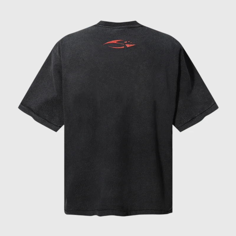 Back view of the black Hellstar 2 Lambs Holy State t-shirt featuring a small red logo detail on the upper back neck.