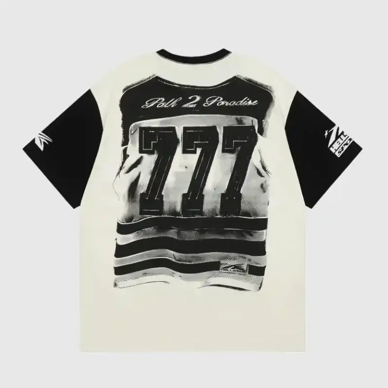 Back view of the Hellstar 777 Path 2 Paradise T-Shirt, a white and black vintage washed 100% cotton graphic tee.