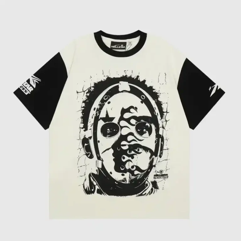 Hellstar 777 Path 2 Paradise vintage washed white t-shirt featuring a black graphic mask print on the front.