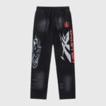 Front view of black Hellstar Airbrushed Skull flare sweatpants with vintage washed effect and drawstring closure