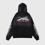 Back view of the black Hellstar Airbrushed Skull Hoodie featuring a bold graphic logo and edgy streetwear design.
