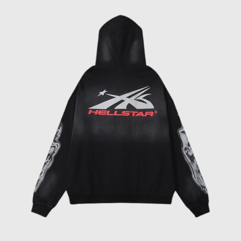 Back view of the black Hellstar Airbrushed Skull Hoodie featuring a bold graphic logo and edgy streetwear design.