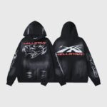 A detailed view of the black Hellstar Airbrushed Skull Hoodie showcasing front and back graphics and streetwear design.