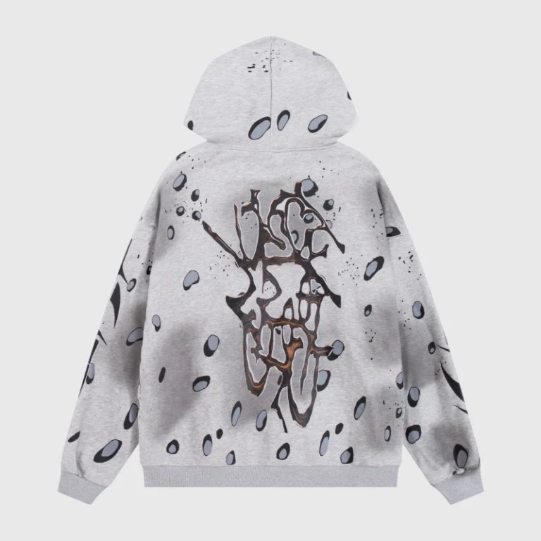 Back view of a grey Hellstar all-over graphic print hoodie featuring a bold, abstract dark ink-style design.