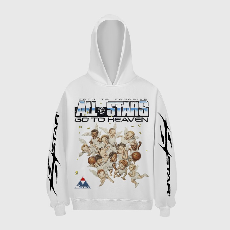 Hellstar All Star Graphic Hoodie White White Hellstar All Star graphic hoodie featuring a Path to Paradise Go To Heaven angel print and fleece streetwear design.