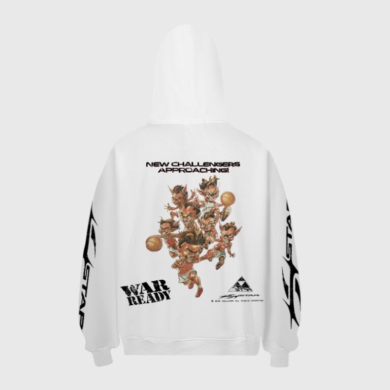 Back view of the white Hellstar All Star hoodie featuring New Challengers Approaching graphic design and basketball art.