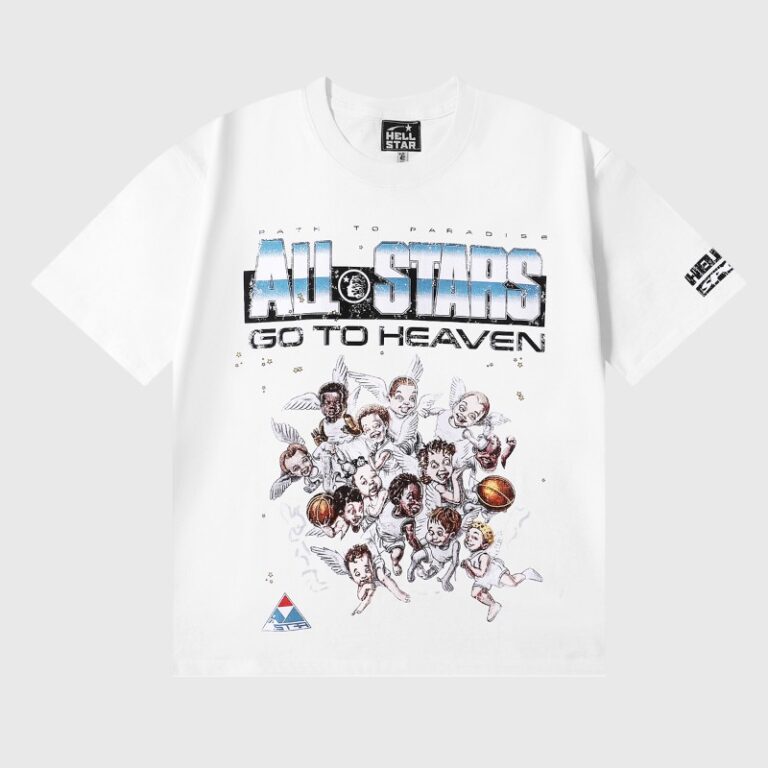Front view of the Hellstar All Stars white graphic T-shirt featuring angelic basketball players and bold text.
