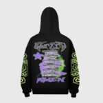 Back view of the black Hellstar Amen Print Hoodie featuring a detailed purple and green graphic design on the back.