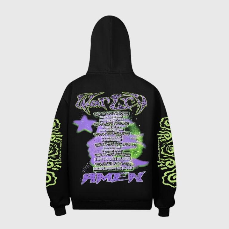 Back view of the black Hellstar Amen Print Hoodie featuring a detailed purple and green graphic design on the back.