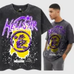 A vintage washed black Hellstar Amethyst T-shirt featuring a purple and yellow graphic print on 100% cotton fabric.