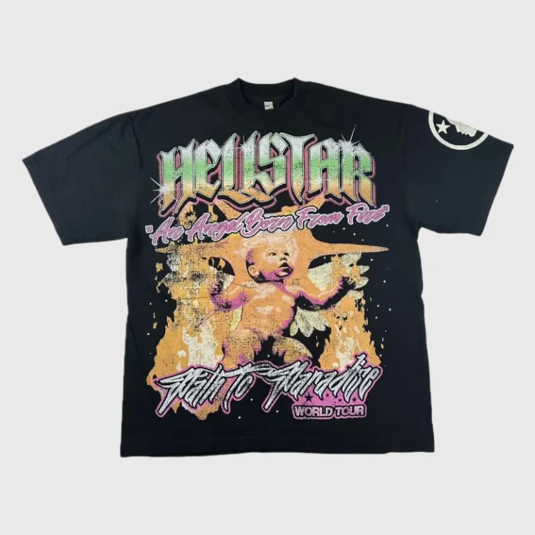 Black Hellstar Angel Born From Fire graphic t-shirt featuring an angelic baby design and stylized text print.