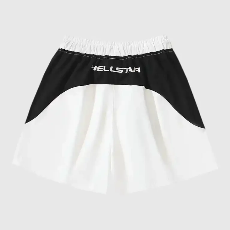 Hellstar Athletic Running Shorts in white and black featuring a branded elastic waistband and technical nylon fabric.