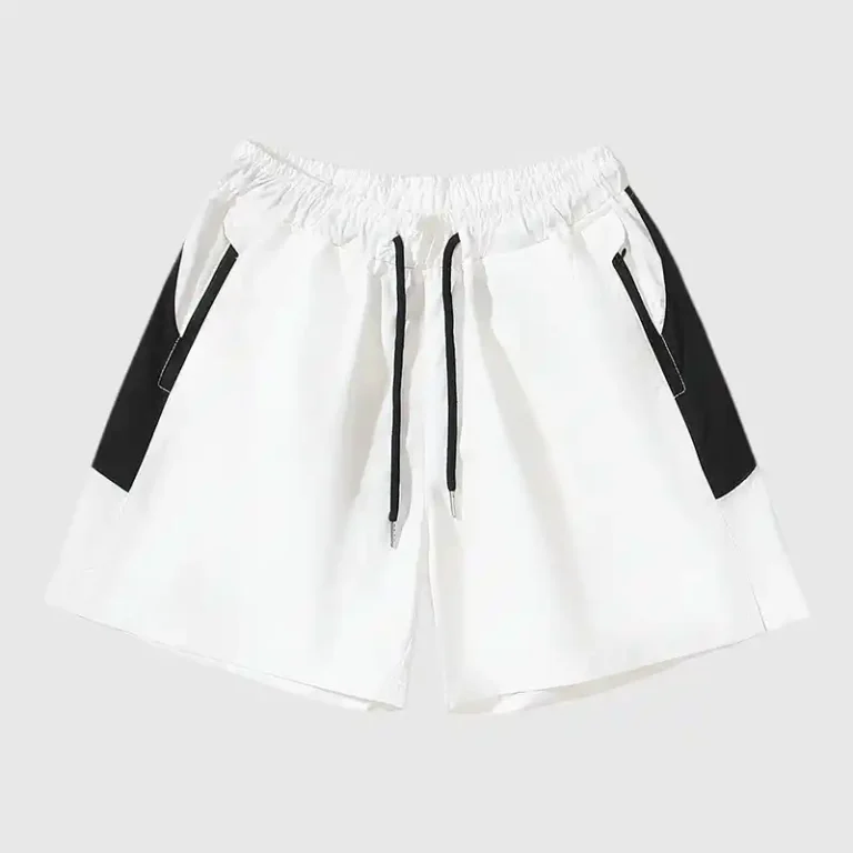 These white Hellstar Athletic Running Shorts feature a drawstring waist, nylon fabric, and black side panel details.