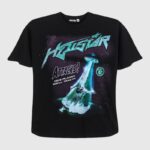 Hellstar Attacks Hypnotic Vision Tee in black with a vintage washed graphic screen print of a space alien spaceship.