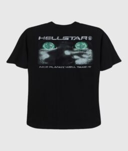 Hellstar Attacks Hypnotic Vision Tee in black featuring a vintage-washed graphic print with green spiral eyes.