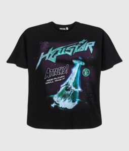 Hellstar Attacks Hypnotic Vision Tee in black with a vintage washed graphic screen print of a space alien spaceship.