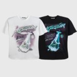 Hellstar Attacks Hypnotic Vision unisex tee pair with vintage washed cotton and neon UFO abduction graphic on black and white