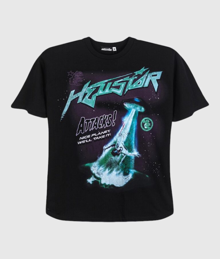 Hellstar Attacks Hypnotic Vision Tee in black with a vintage washed graphic screen print of a space alien spaceship.