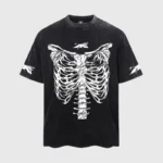 Hellstar Barbed Wire Rib Cage graphic T-shirt in black with a vintage-washed aesthetic and a prominent screen print.
