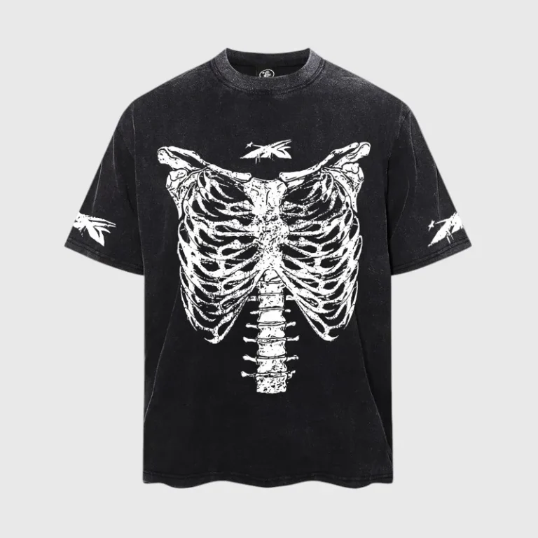 Hellstar Barbed Wire Rib Cage graphic T-shirt in black with a vintage-washed aesthetic and a prominent screen print.