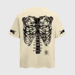 Hellstar beige t-shirt featuring a detailed black graphic print of a human rib cage wrapped in barbed wire.