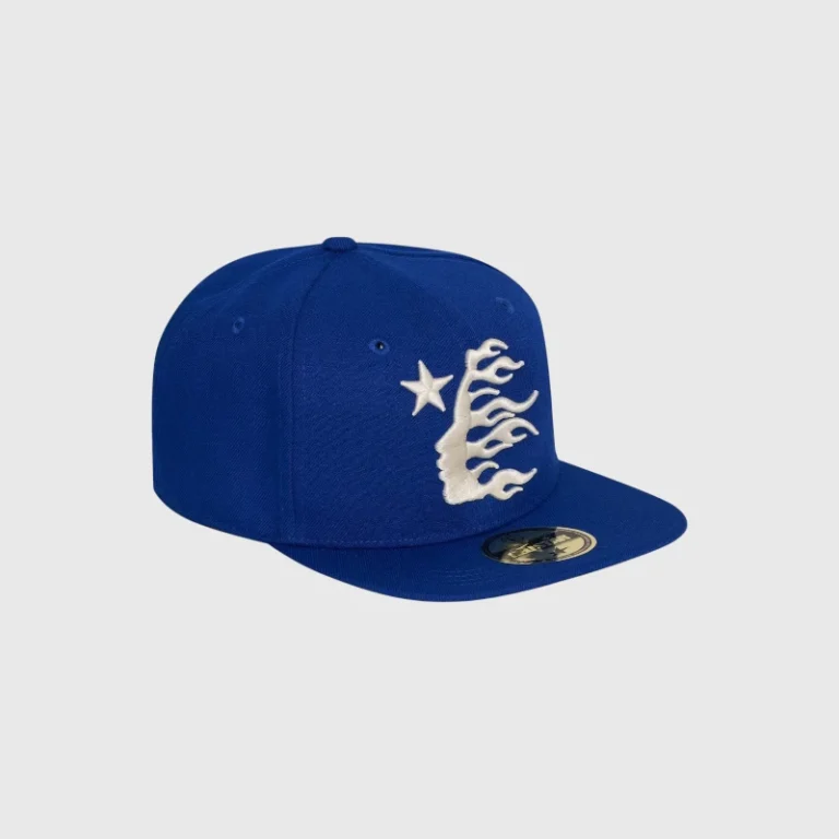 A blue Hellstar baseball fitted hat featuring a white embroidered star and flaming logo on the front panel.