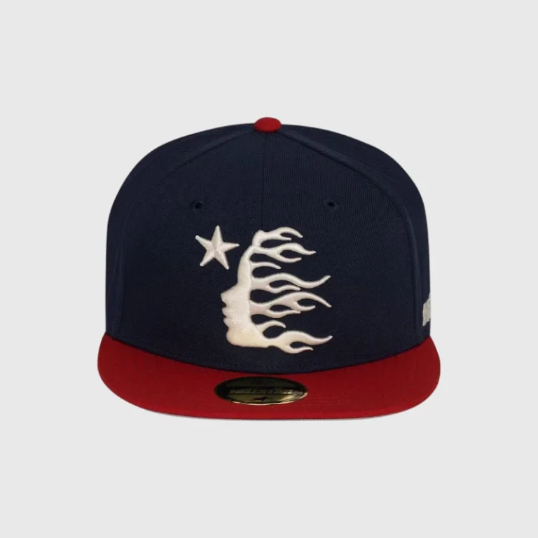 Navy blue Hellstar baseball fitted hat featuring an embroidered white logo with a star and flame design on the front.