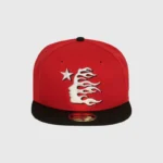 A vibrant red and black Hellstar baseball fitted hat featuring an iconic white flame logo on the structured front.