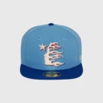 Hellstar baby blue baseball fitted hat with white and red flame logo embroidery on the front panel streetwear style.