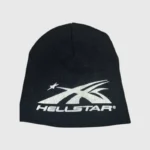 Premium black Hellstar beanie hat with embroidered white logo, designed for comfort and casual streetwear style.