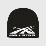 Unisex black Hellstar beanie hat featuring an embroidered white brand logo, crafted from soft premium knit fabric.