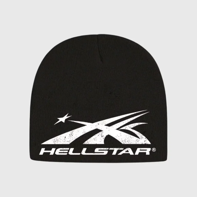 Unisex black Hellstar beanie hat featuring an embroidered white brand logo, crafted from soft premium knit fabric.