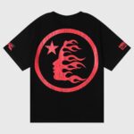 Back view of the black Hellstar Beat Us T-Shirt featuring a large circular red flame logo with a star graphic.