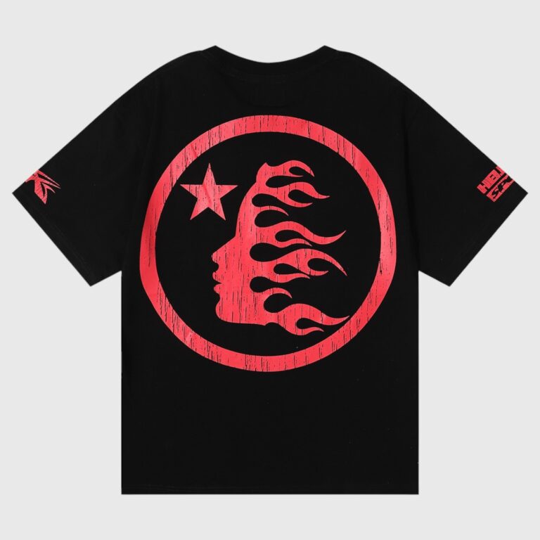 Back view of the black Hellstar Beat Us T-Shirt featuring a large circular red flame logo with a star graphic.