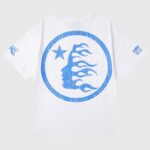 White Hellstar "Beat Us!" T-shirt back view with distressed blue circular logo showing a profile with flame hair and star