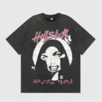 Hellstar Beautiful People T-Shirt in washed black cotton with pink graphic print and vintage aesthetic front view.