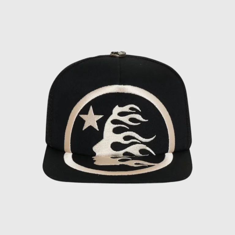 Black Hellstar Big Logo Trucker Snapback Hat with a bold embroidered flame star logo and adjustable snap closure.
