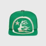 Hellstar Big Logo Trucker Snapback Hat in green, featuring a premium embroidered star and flame design on the front.