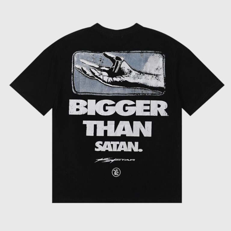 Back view of a black Hellstar graphic T-shirt featuring the bold text Bigger Than Satan and a stylized hand print.