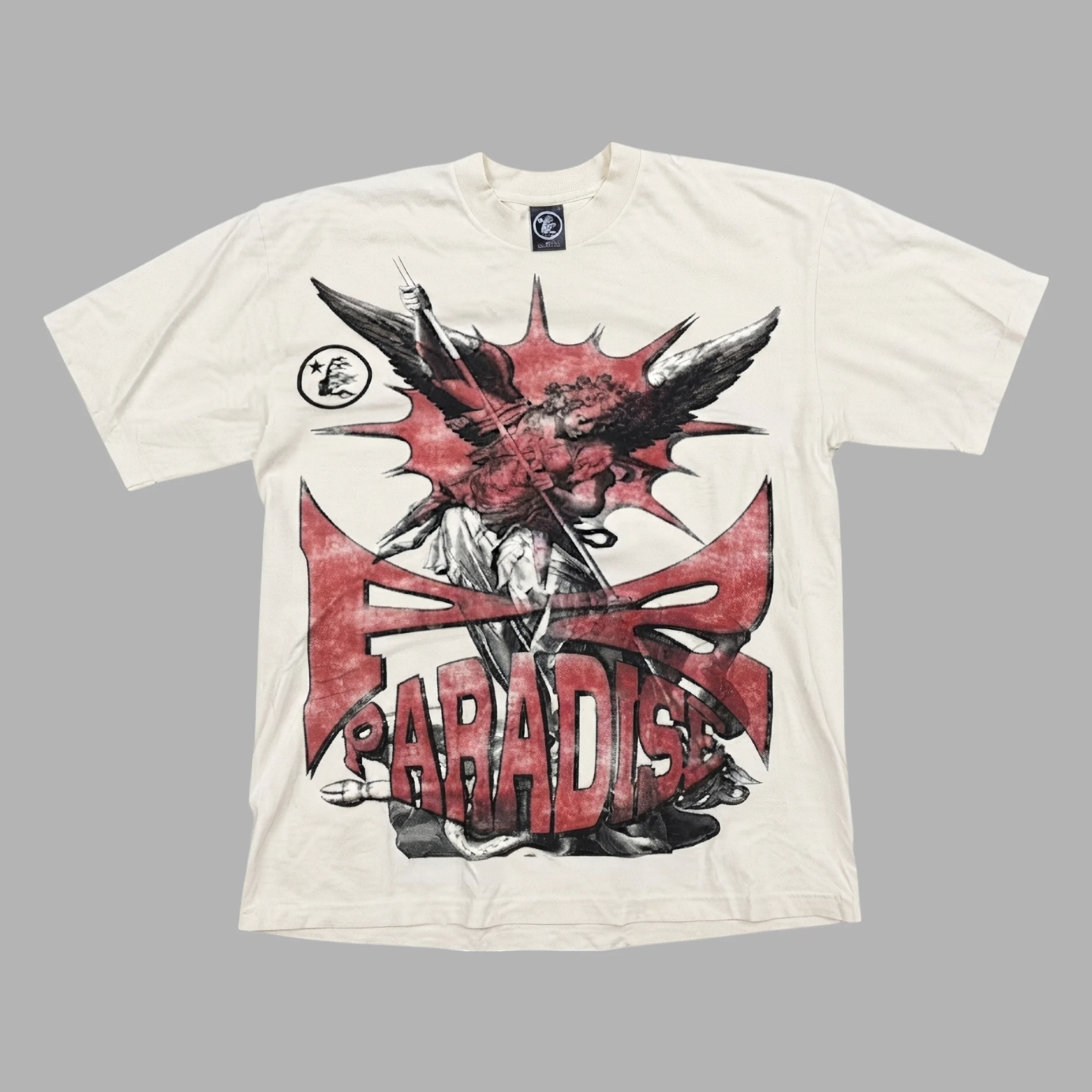 Hellstar Bigger Than Satan Paradise T Shirt White Hellstar Bigger Than Satan Paradise T-shirt featuring a distressed vintage graphic print and an oversized fit.